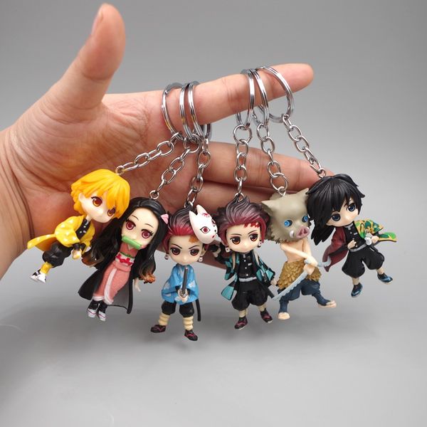 

6pcs anime demon blade keychain anime kimetsu no yaiba figure tanjirou nezuko action figure demon slayer figurine toy key chain, Silver