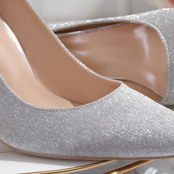 

wed2020 decent autumn rhinestone high heels women's thin heel pointed single silver sequins crown bride wedding shoes, Black