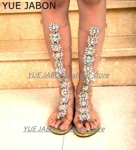 

new plus size 43 gladiator sandals boots women bling rhinestone knee high buckle strap gladiator boots crystal beach shoes, Black