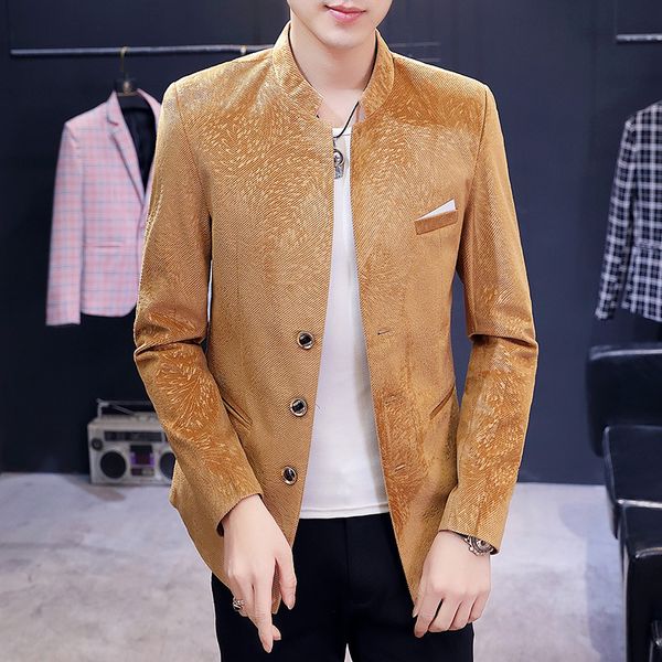 

2020 men's slim-fit casual new stand collar suit youth fashion three-button jacquard handsome blazer, White;black