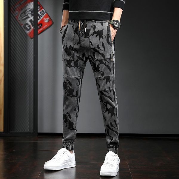 

new style camouflage jacquard jeans men fashion casual embroidery slim fit pencil pants grey stretch denim trousers, Blue