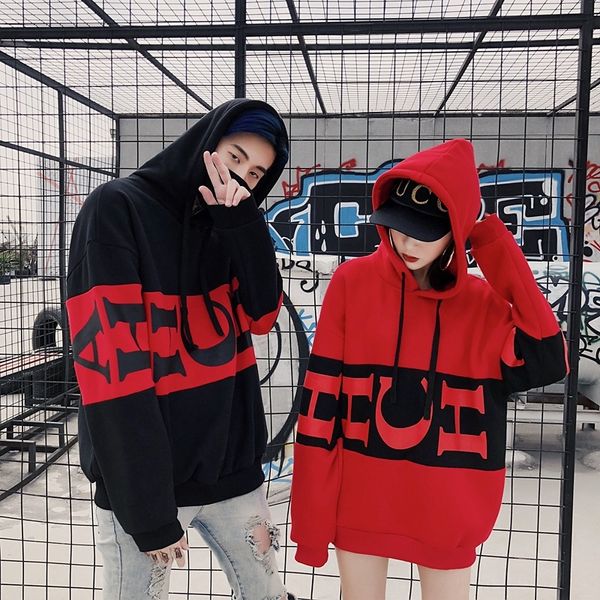 

315# new national tide fleece long sleeve hooded men's and women's warm sweater pullover sweater korean style student loose pullov, Black