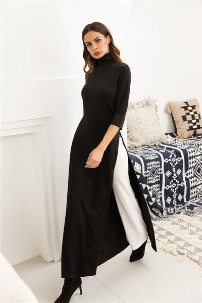 

lapel high split skirt holiday casual dress womens designer spring knitted skirt fashion solid color turtleneck, Black;gray