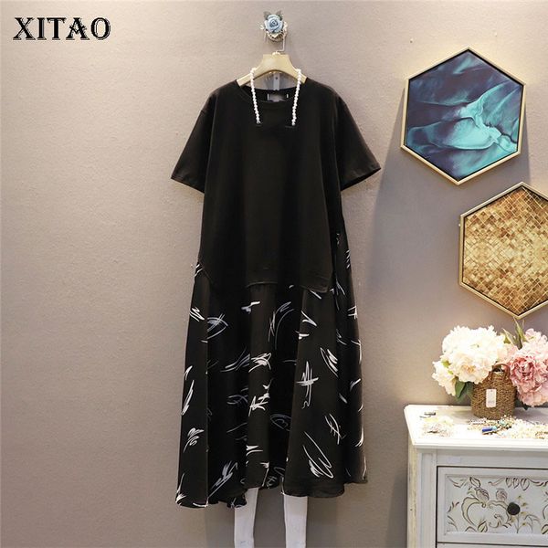 

xitao patchwork hem dress fashion new women pullover 2020 summer pleated elegant small fresh casual style loose dress zp2111, White;black