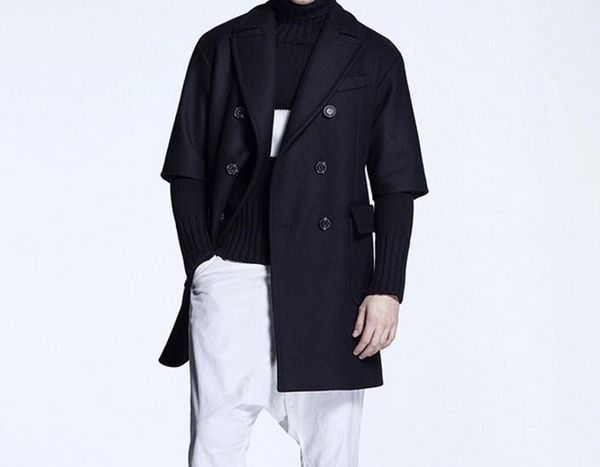 

s-5xl 2020 spring men's new fashion long-sleeved double-breasted over-the-shoulder woolen loose-fitting sleeve jacket, Black
