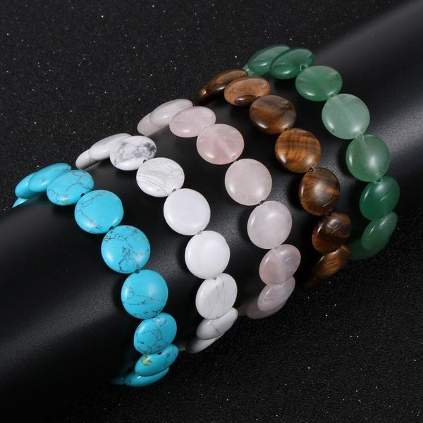 

men women natural stone bracelet 1.25cm flat round india onyx tiger eye beaded elastic bracelets friend gift jewelry, Black