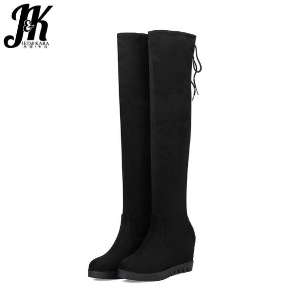 

boots jk winter women over the knee stretch round toe flock footwear high heels fur female insert shoes 2021 black