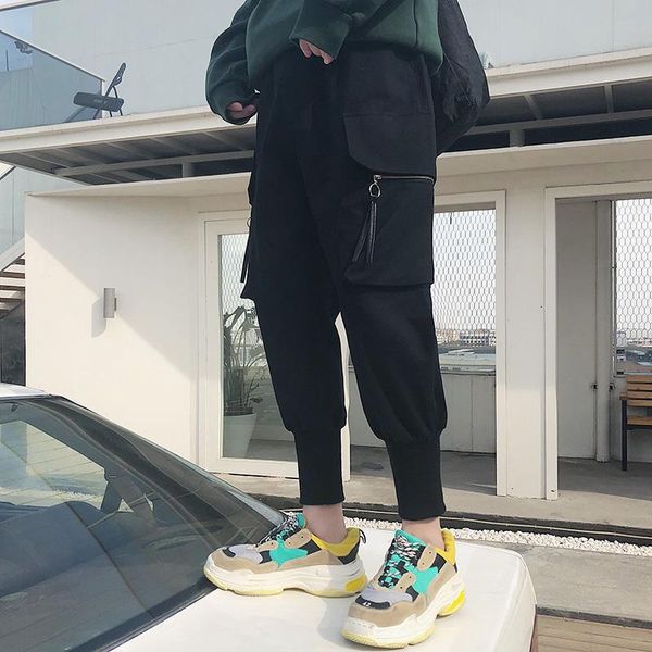 

korean mens sweatpants casual ankle-length streetwear pants men joggers pants hip hop streetwear, Black