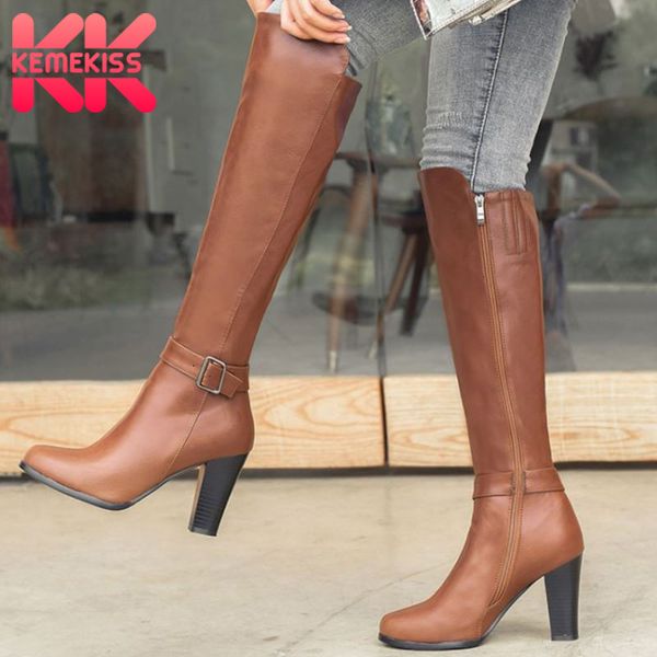 

kemekiss women knee boots fashion buckle zipper high heel warm winter shoes woman long boot lady daily footwear size 34-43, Black