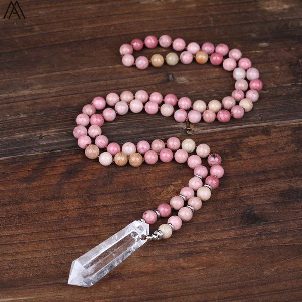 

orm white quartz point pendant 8mm natural rhodonite stone 108 prayer beads cord knotted handmade healing necklace n0424am, Silver