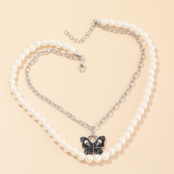 

vintage punk silver color thick chain skull butterfly pendant necklace women imitation pearl choker necklace 2020 layered collar