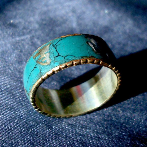 

r051 tibetan mantras rings white metal copper inlaid stone amulet ring om mani padme hum, Golden;silver