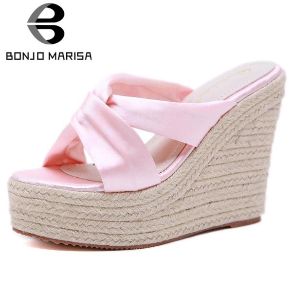 

bonjomarisa summer sweet satin fashion high wedges slippers women slip-on comfy elegant beach platform shoes woman, Black
