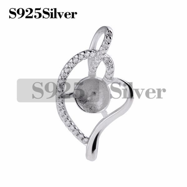 

semi-finished mountings cubic zirconia pearl findings 925 sterling silver heart pendant for pearl jewelry 5 pieces, Slivery;crystal