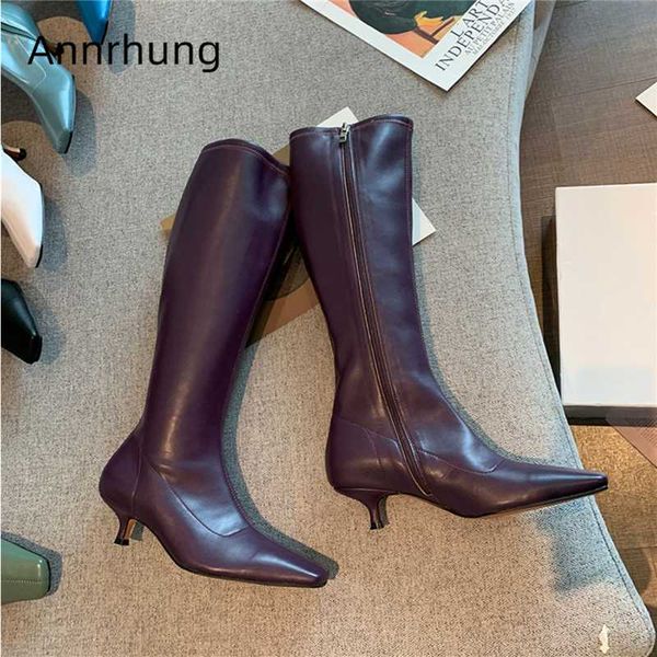 

kitten heel knee-high boots women little square toe side zip autumn winter stretch runway botas mujer, Black
