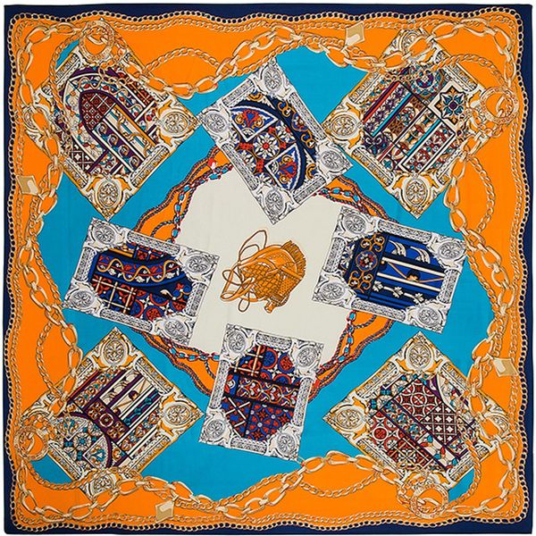 

130cm*130cm 100% pure silk euro brand style women metal chain flagon printed silk square scarf fashion shawls, Blue;gray