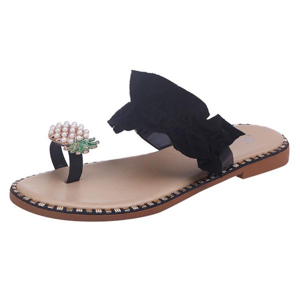 

women slippers summer girls pearl flat bohemian style casual sandals slippers beach outdoor flip-flops beach open toe shoes#4.29, Black