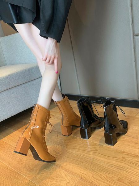 

women's boots autumn booties ladies rock shoes woman round toe low heels booties boots-women luxury designer mid calf, Black