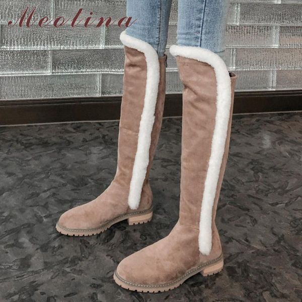 

meotina real leather knee high boots women shoes kid suede mid heel long boots thick heels zipper warm ladies apricot 42, Black