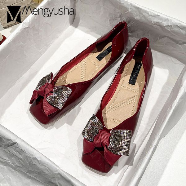 

crystal bow ballet flats women patent leather slip on flat shoes woman square toe silk bowknot mules ladies loafers big size 43, Black