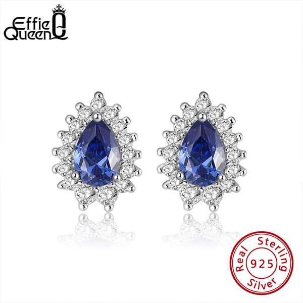 

effie queen luxury oval crystal big blue stone 925 silver stud earring with shinny zircon earrings jewelry party gift be253, Golden;silver