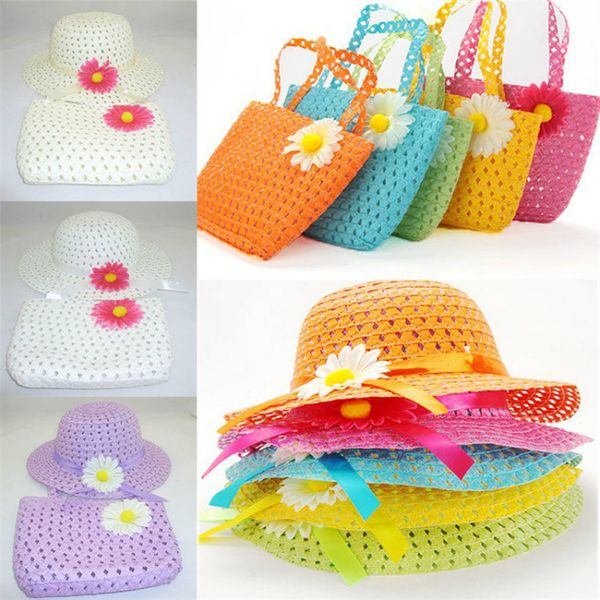 

new fashion 9 colors children's new fashion straw hat gloves bag kit outdoor travel parent-child sun hat sun, Blue;gray