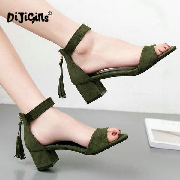 

2020 summer shoes woman sandals medium heels shoes ankle wrap women peep toe pumps fringe sandalias mujer, Black