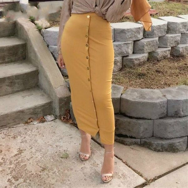 

septhydrogen brand designer skirts high waist muslim buttons bodycon sheath long skirt women solid femme pencil skirts streetwear gv799, Black