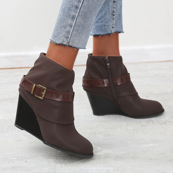 

boots 2021 fashion roman women short round toe pu ankle for botas zipper rubber wedge shoes autumn, Black