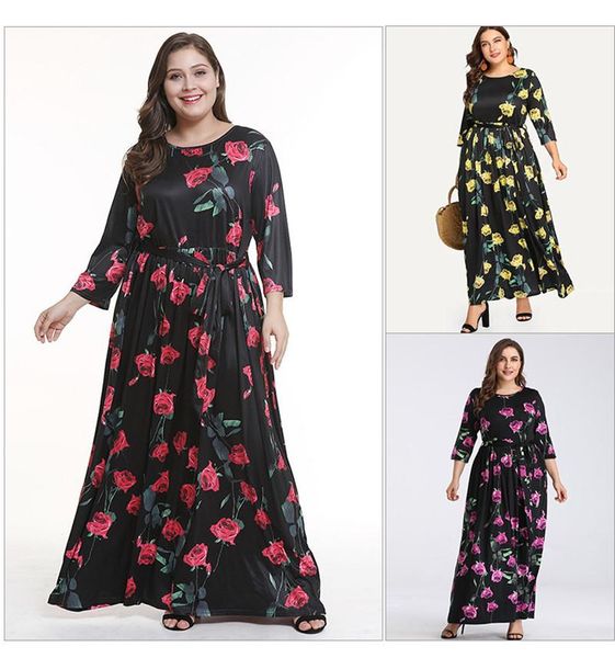 

dress floral printed crew neck long sleeve dress casual plus size female clothing summer womens designer, Black;gray