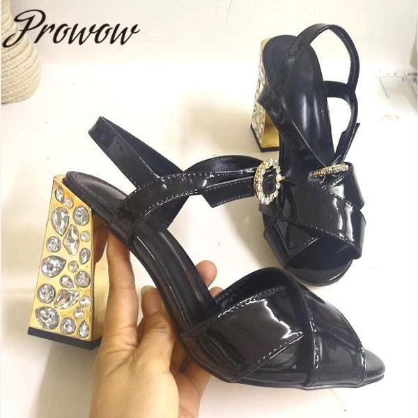 

prowow new black open toe crystal beading ankle strap high heel sandals metallic heel thick party sandals shoes ladies