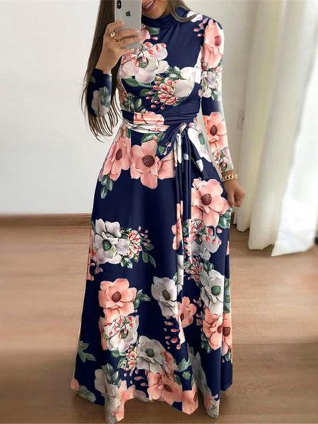 

women summer long sleeve maix long dress boho digital print slim party dress casual turtleneck sashes 2020 plus size s-5xl, Black;gray