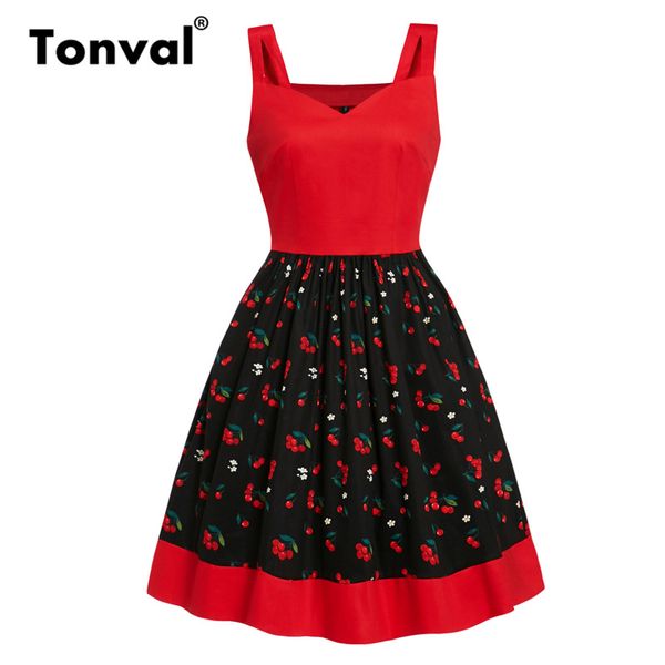 

tonval ретро вишневых печати pin up стиль красных плиссированных платьев женщины спагетти ремень кармана fit и flare хлопок винтажных платье, Black;gray