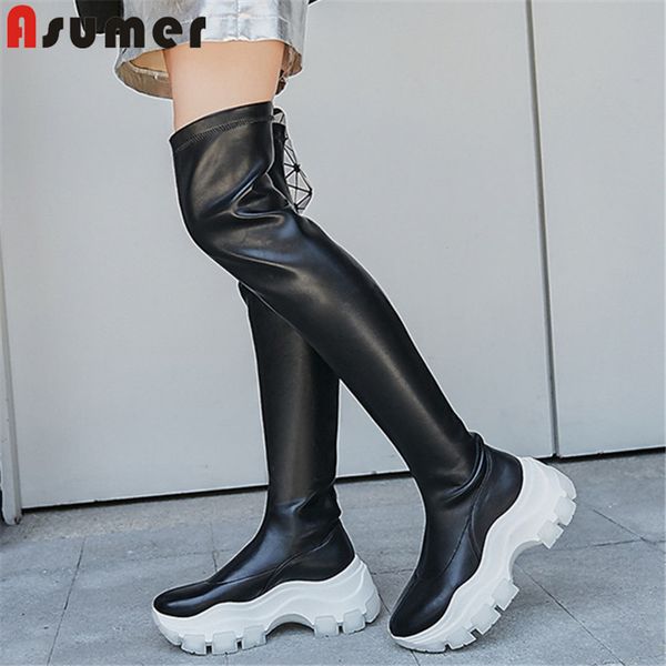 

boots asumer 2021 est over the knee women genuine leather +pu fashion flat platform shoes slim stretch female, Black
