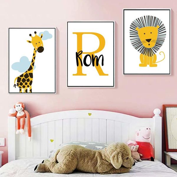 

giraffe lion baby animal poster boy's custom name canvas print nursery wall art paintings nordic baby room picture wall decor
