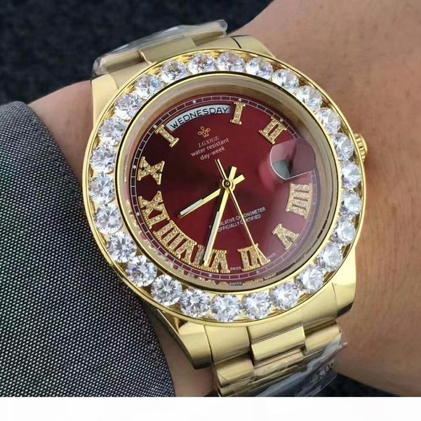 

big diamond designer gold watch men stainless steel day-date men's wristwatch president male clock for relogio masculino, Slivery;brown