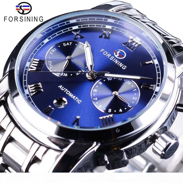 

forsining waterproof blue ocean design stainless steel calendar display mens automatic watches brand luxury mechanical clock, Slivery;brown
