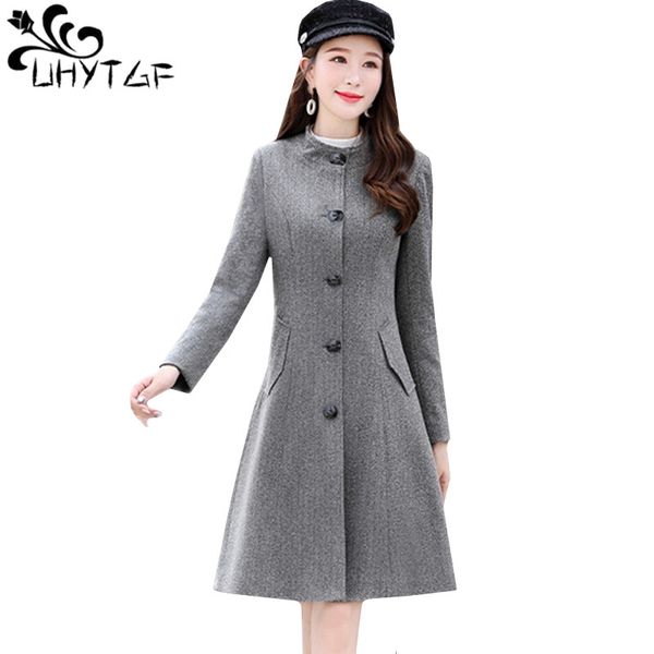 

uhytgf winter coat women single-breasted stand collar slim elegant long outerwear quality autumn wool coat female basic 993, Black