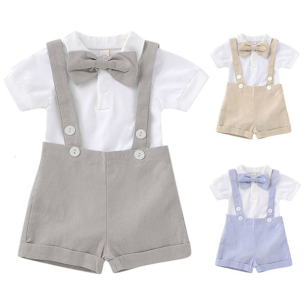 

clearance cut baby girls 2pcs infant baby girls gentleman solid romper suspenders strap shorts outfits set z0211, White