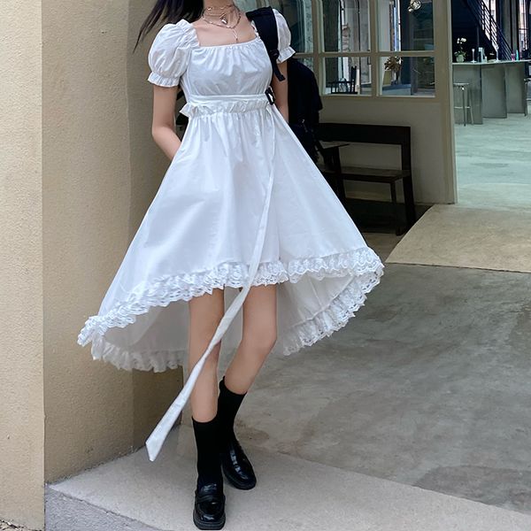 

japanese sweet lace edge stitching square collar bubble sleeve high waist solid color irregular mid-length dress women summer, Black;gray