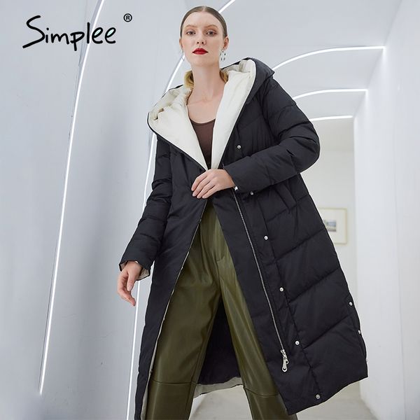 

simplee fashion black hooded parkas coat women warm cotton padded winter coats female ladies office long puffer coat jackets