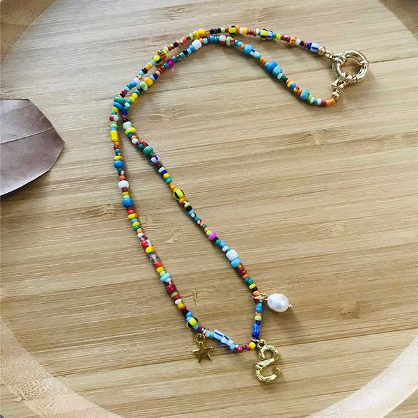 

chokers unique letter pendant necklace handmade colorful rice beads mix and match choker for women name friend birthday gift, Golden;silver