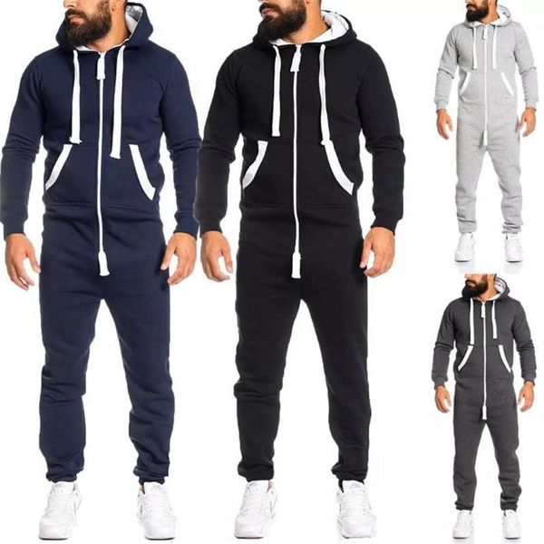 

jumpsuit patchwork sportswear casual hooded sportswear with pocket thick playsuit new mens clothing autumn winter mens zipper, Gray