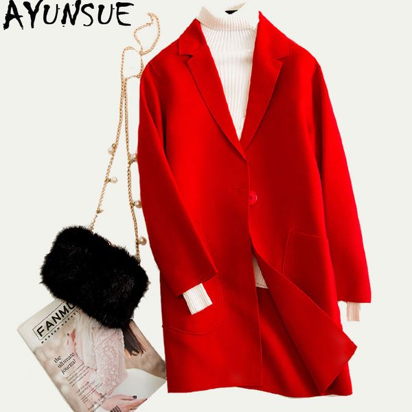 

ayunsue woman's coat red casual korean wool coat female jacket long coats and jackets women abrigos mujer elegante kj2542, Black