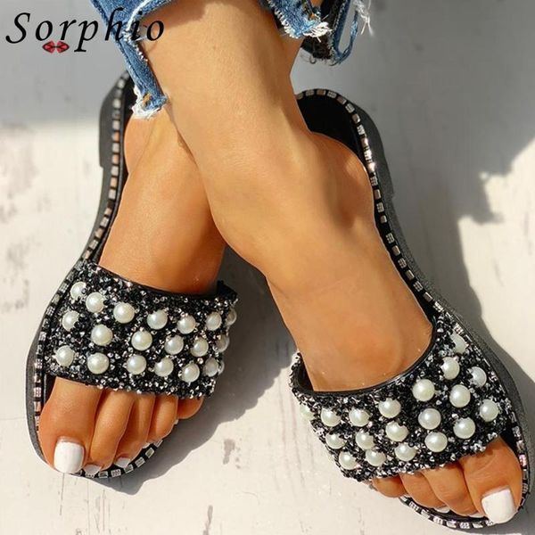 

sorphio female casual daily beach shoes woman summer open toe flat slippers women pearl open toe sewing slip on slippers, Black