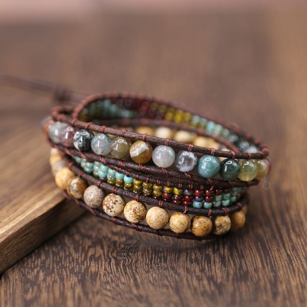 

vintage leather 6mm stone 3 пряди wrap браслеты сплетенные многослойные бисер boho браслет ручной подарок ювелирные изделия y200730, Black