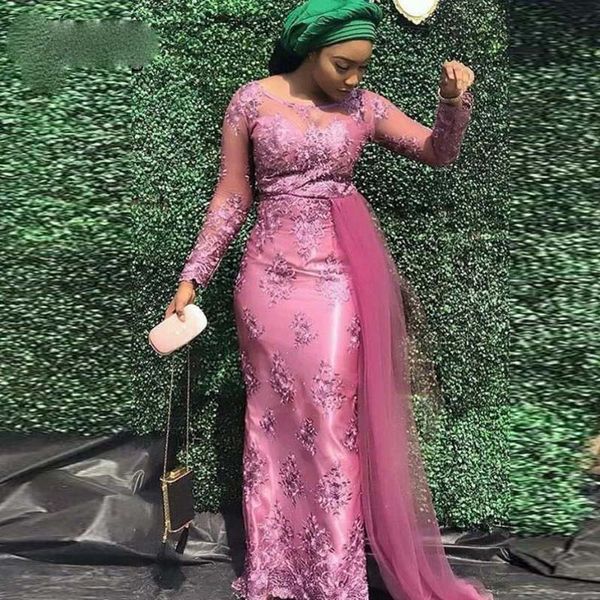 

aso ebi fuchsia lace mermaid prom dresses with tulle elegant full sleeves long african prom gowns appliques evening party dresses, Black;red