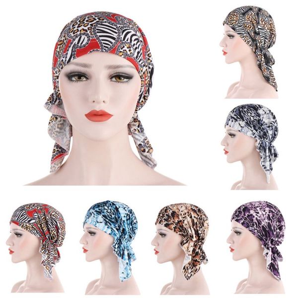 

womens cotton bandana pre-tied chemo hat retro leopard printed beanie turban hat cancer patients elastic head scarf hair cover, Blue;gray