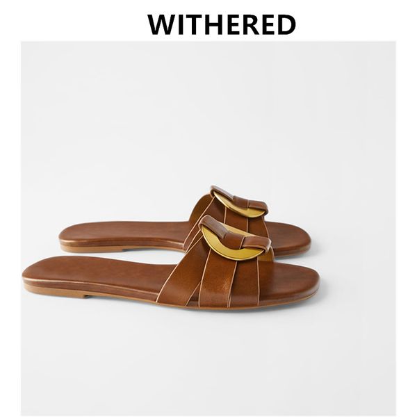 

withered england style ins fashion blogger metal ring pu leather summer beach slippers women shoes woman shoes women, Black