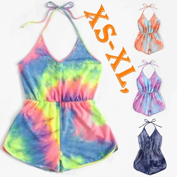 

women beach jumpsuits designer vest overalls summer tie dye clothing new style scoop neck rompers shorts sleeveless s-xl capris cy6192, White